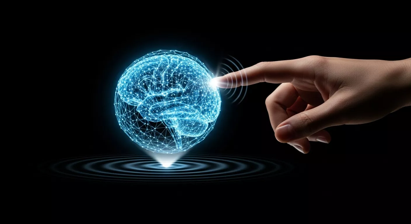 Conceptual image of a human hand interacting with a holographic AI brain, symbolizing partnership.