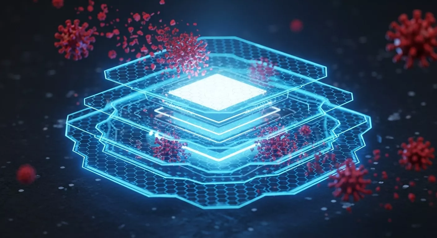 Abstract visualization of an impenetrable cybersecurity shield protecting a data core